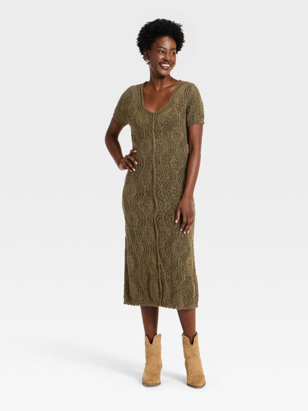 ☀️ Universal Thread Scalloped A-Line Knit Midi Dress Olive Brown L